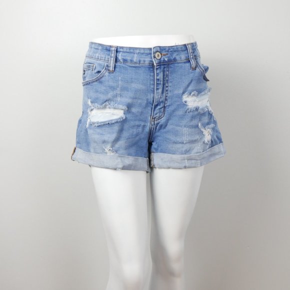 KanCan Medium Wash Distressed High Waisted Jean Shorts with Roll Up Cuff 13 30 - Picture 1 of 12